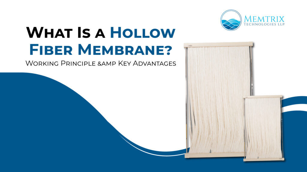 Hollow fiber membrane modules by Memtrix Technologies LLP used for water filtration and wastewater treatment, showing bundled membrane fibers mounted in frame.”