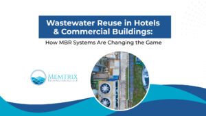 Promotional banner by Memtrix Technologies LLP highlighting wastewater reuse solutions for hotels and commercial buildings using MBR (Membrane Bioreactor) systems. The design features an industrial wastewater treatment facility aerial view with messaging focused on sustainable water management, water recycling, wastewater treatment technology, commercial water reuse systems, eco-friendly infrastructure, and smart water conservation solutions for hospitality and commercial sectors.