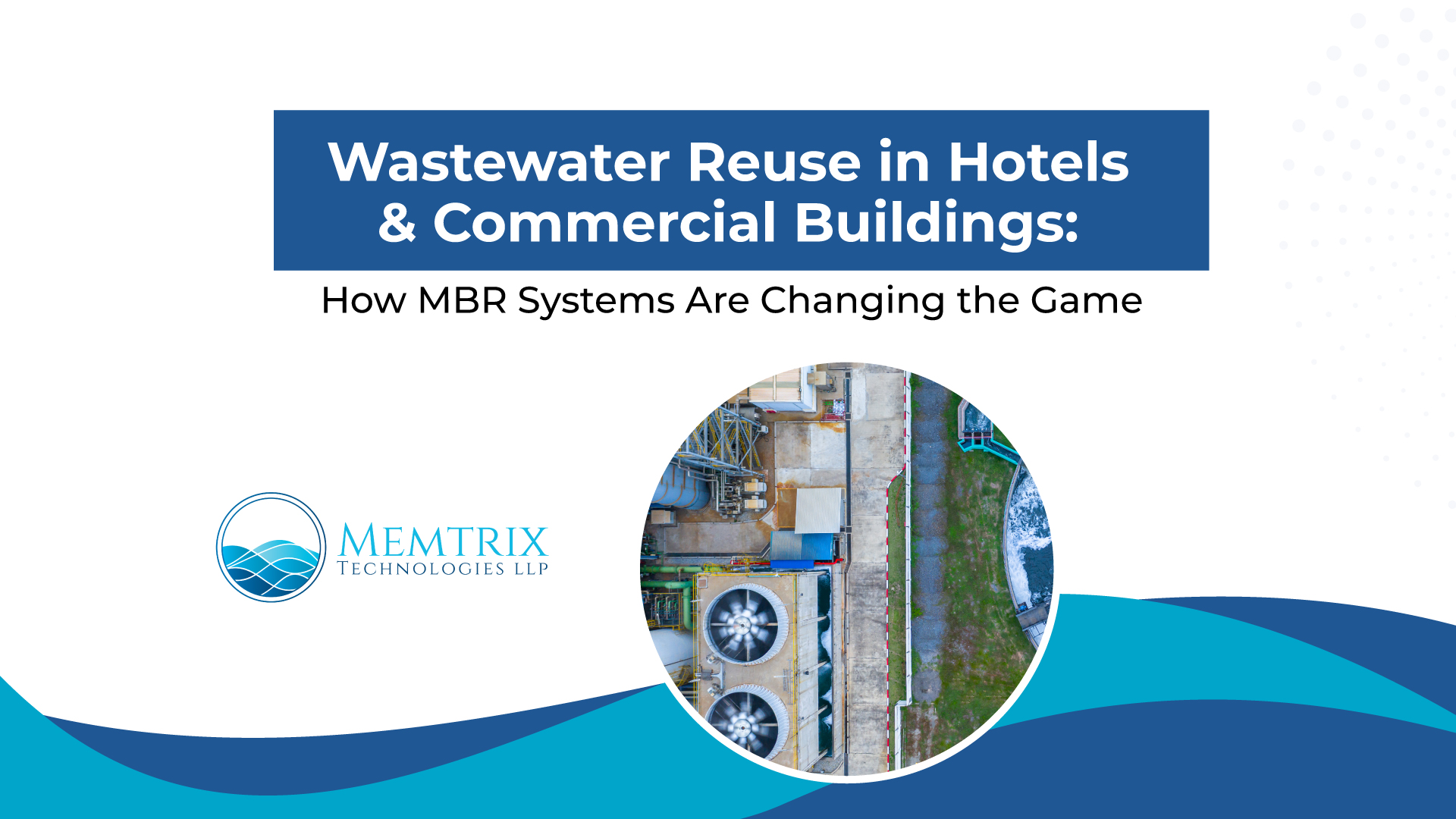 Promotional banner by Memtrix Technologies LLP highlighting wastewater reuse solutions for hotels and commercial buildings using MBR (Membrane Bioreactor) systems. The design features an industrial wastewater treatment facility aerial view with messaging focused on sustainable water management, water recycling, wastewater treatment technology, commercial water reuse systems, eco-friendly infrastructure, and smart water conservation solutions for hospitality and commercial sectors.