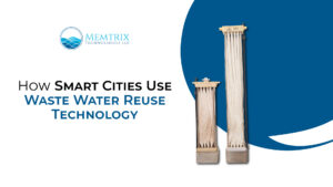 Memtrix Technologies infographic on smart city wastewater reuse technology featuring advanced membrane filtration modules for sustainable water treatment and water recycling.